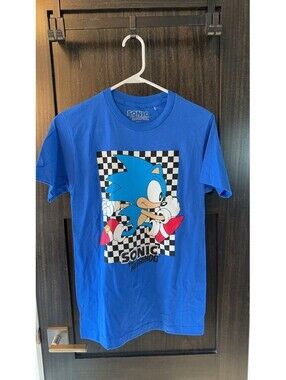 SONIC THE HEDGEHOG Blue Checkerboard Graphic T-Shirt Size S 0383